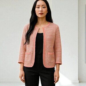 Chicos Pink Textured Open Front Cardigan Pockets Quarter Sleeve Womens Medium